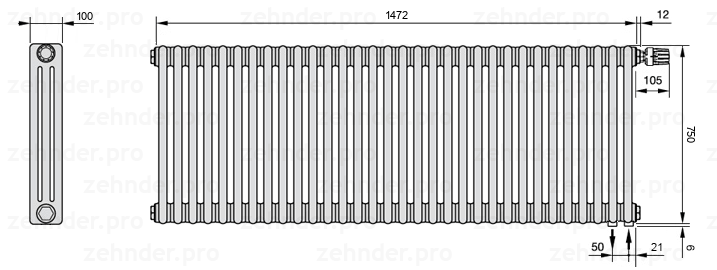 Схема (чертеж) Радиатор Zehnder Charleston 3075/32 №V002 Белый глянцевый RAL 9016